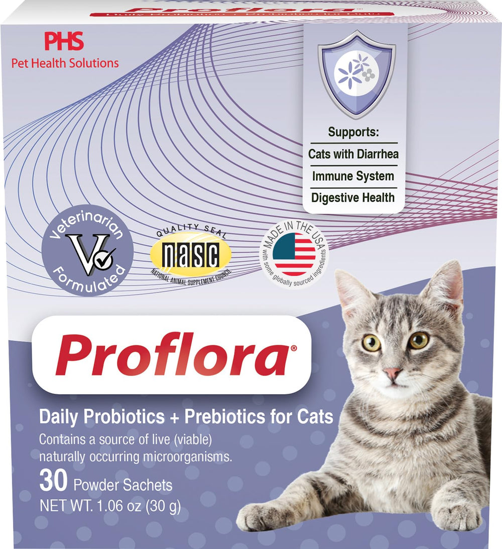 Proflora Cats Probiotics bottle pour showing easy daily dosing for digestive balance
