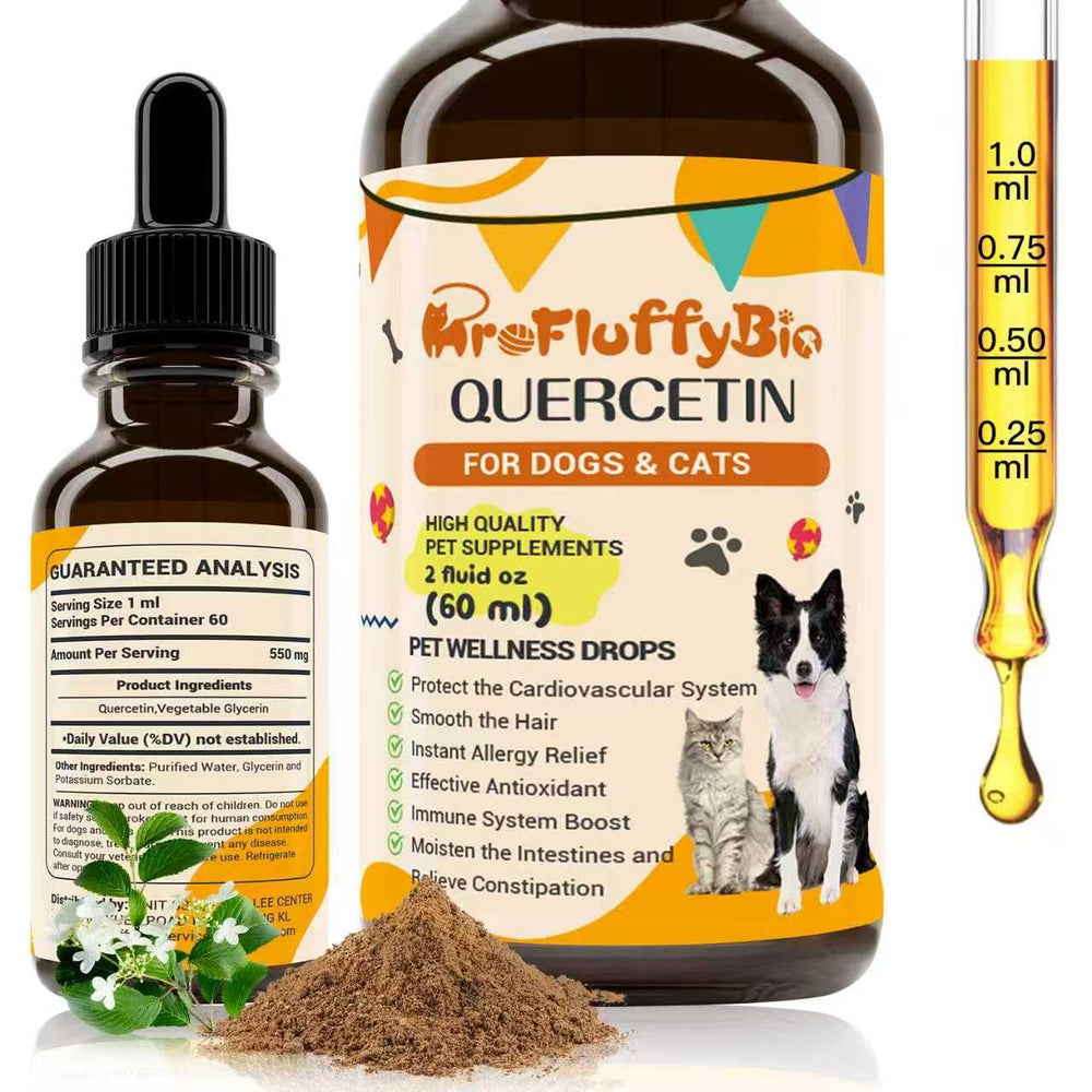 ProFluffyBio dog quercetin liquid drops bottle enables easy allergy support.