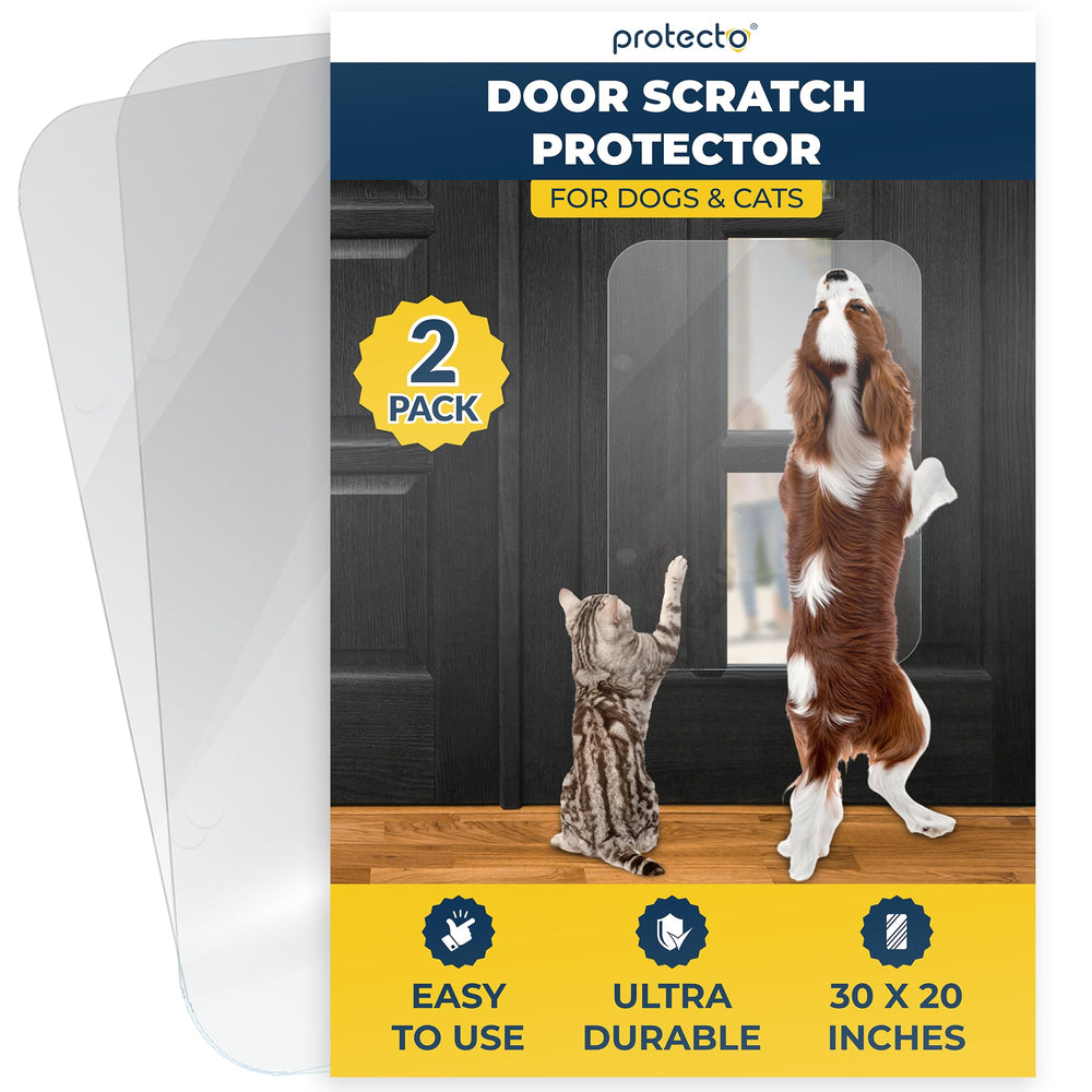 PROTECTO 2-Pack door protector on a wooden door shields against scratching while remaining nearly invisible.