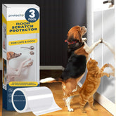 PROTECTO 3-pack door scratch protector applied on a doorway, clear shield against pet scratching.