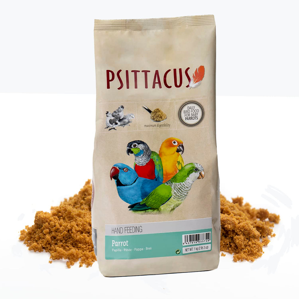 Psittacus parrot hand-feeding formula packaging highlights premium, non-GMO ingredients for birds.