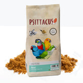 Psittacus parrot hand-feeding formula packaging highlights premium, non-GMO ingredients for birds.