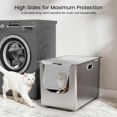PTFFF enclosed litter box with door improves ventilation while reducing litter scatter.