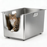 PTFFF stainless steel litter box, front view, durable construction for long-lasting use.