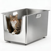 PTFFF stainless steel litter box with high sides to reduce litter kick-out during daily use.