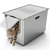 PTFFF stainless-steel litter box with lid for odor containment and privacy.