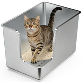 PTFFF XL stainless steel litter box front view with high sides for containment