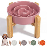 PTOBER elevated slow feeder bowl with ceramic maze in pink for calmer meals