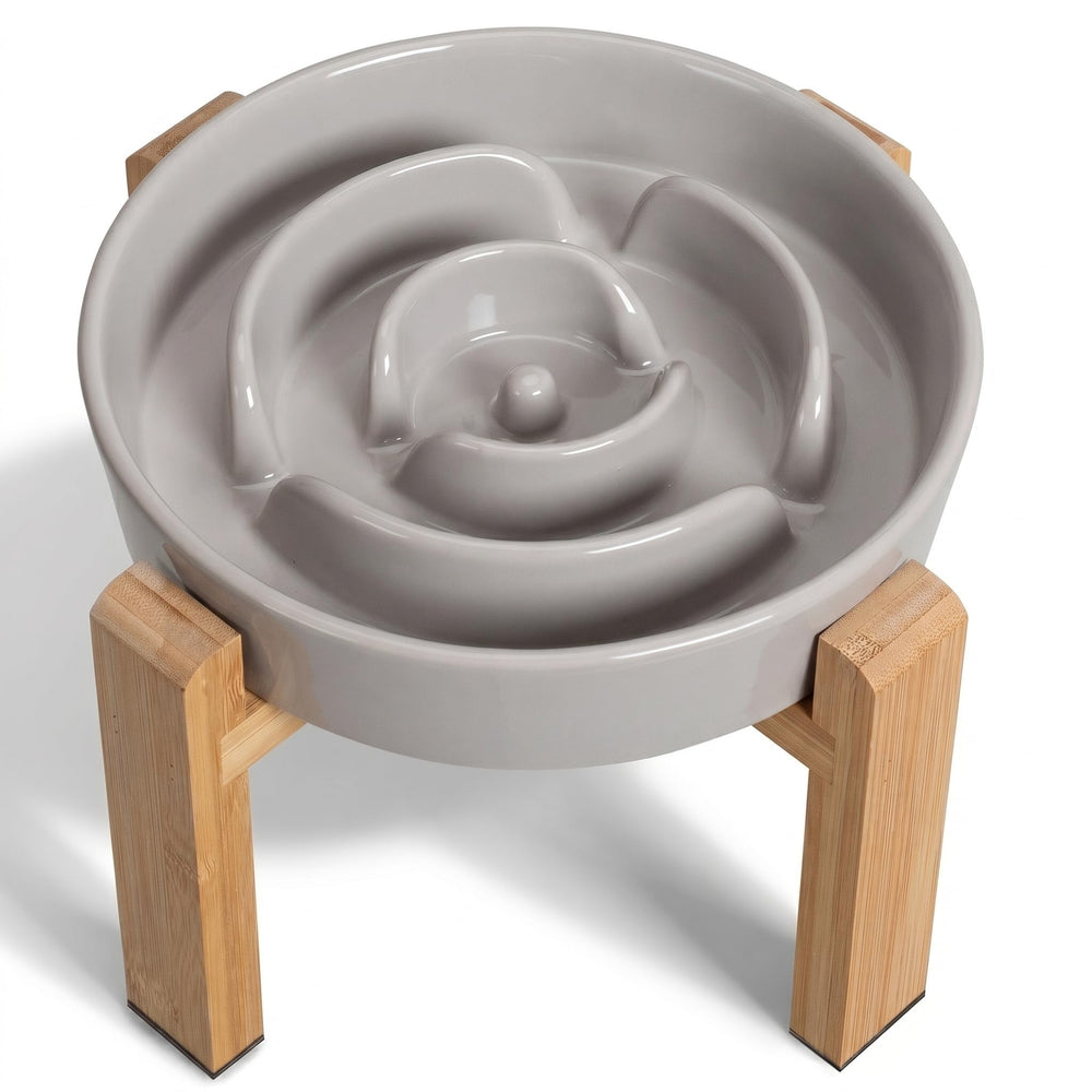 PTOBER elevated slow feeder dog bowl with ceramic maze promotes calmer eating.