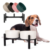 PTOBER raised dog bowl stand with ceramic bowls for comfortable feeding.