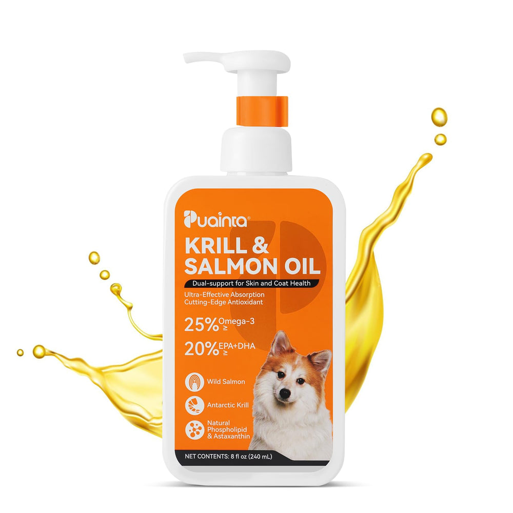 PUAINTA Krill Salmon Oil for Dogs bottle highlights skin and coat support
