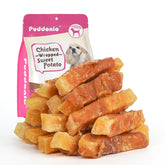 Puddonio packaging shows chicken-wrapped sweet potato chews, ideal for daily rewards.
