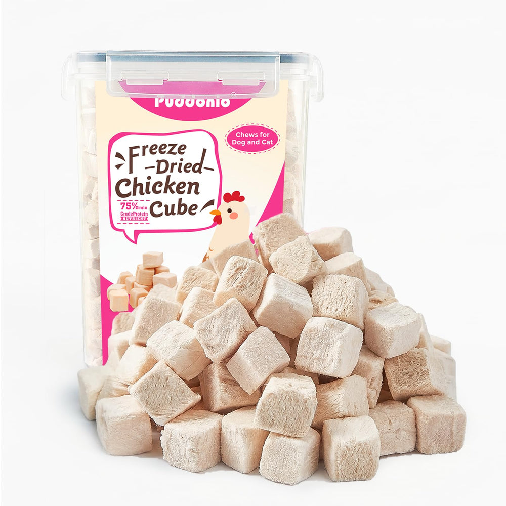 Puddonio freeze-dried chicken breast treat bag front for training rewards.