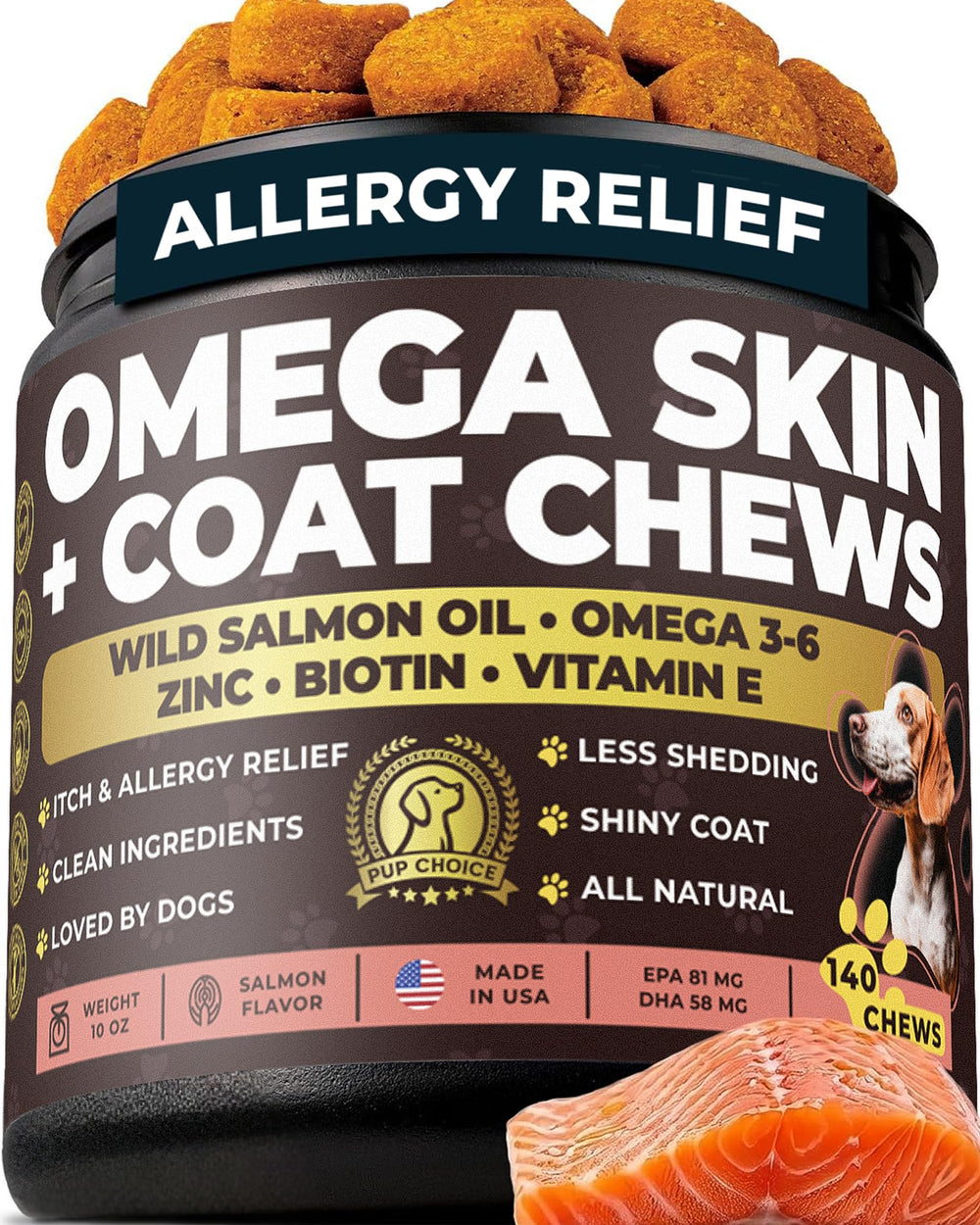 Pup Choice Omega-3-6 chews in bottle for shinier coat