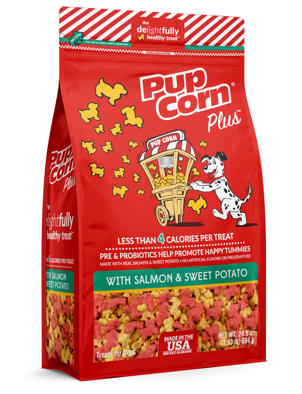 Pup Corn Plus bag front featuring salmon and sweet potato for real ingredients