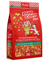 Pup Corn Plus bag front featuring salmon and sweet potato for real ingredients