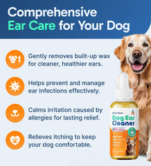 Pup Labs Ear Clear dropper applying solution to a dog's ear for precise use.