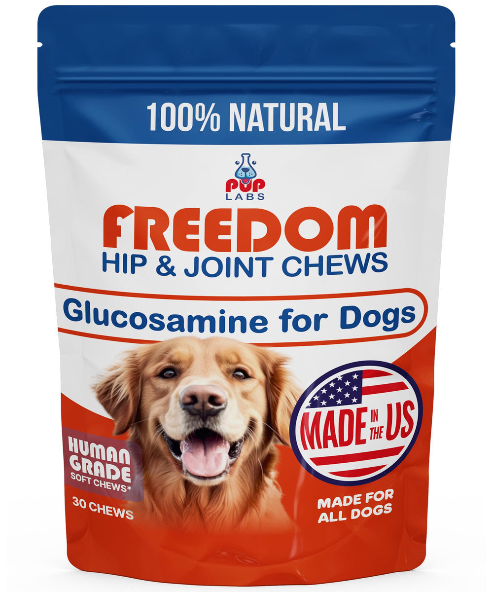 Pup Labs Freedom Joint Chews bottle shows convenient packaging for daily joint support.
