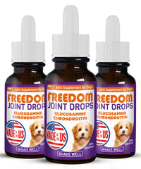 Pup Labs Freedom Joint Drops bottle shown for at-home dog joint support.
