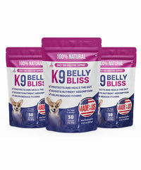 Pup Labs K9 Belly Bliss bottle and scoop for easy daily dosing.