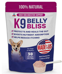 Pup Labs K9 Belly Bliss topper on dry food supports daily digestion.