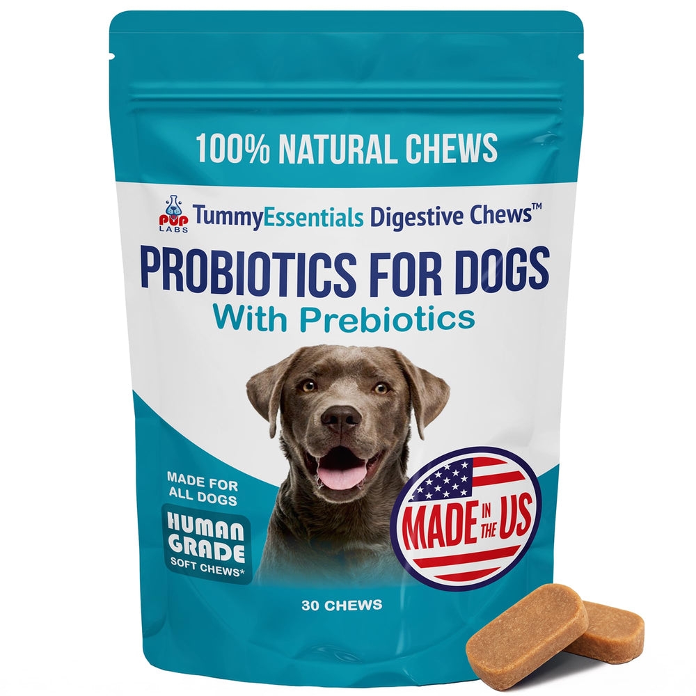 Pup Labs Tummy Essentials packaging highlights vet-formulated probiotic chews for dogs