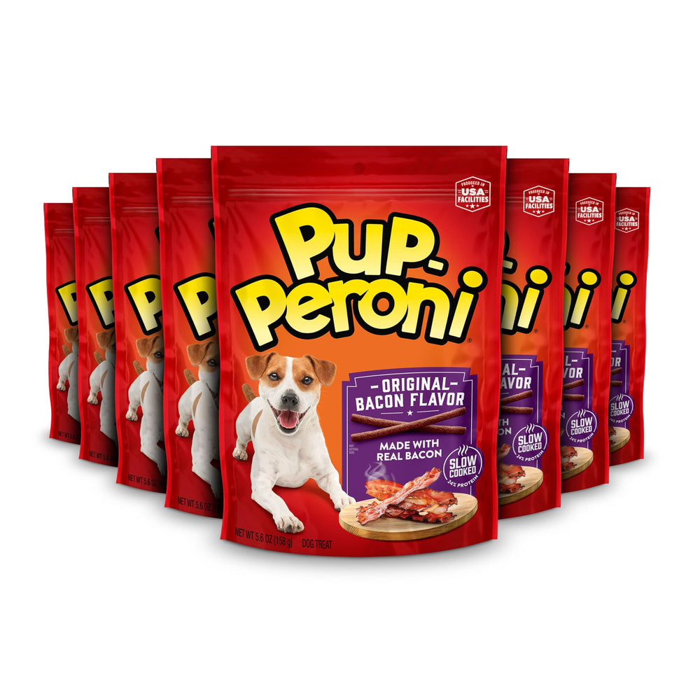 Pup-Peroni Original Bacon Flavor bag front, eight-pack for dogs.
