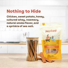 Pupford Chicken Jerky closeup of tender texture for easy tearing.