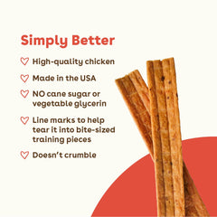 Dog chewing Pupford chicken jerky shows tender texture for easy tearing