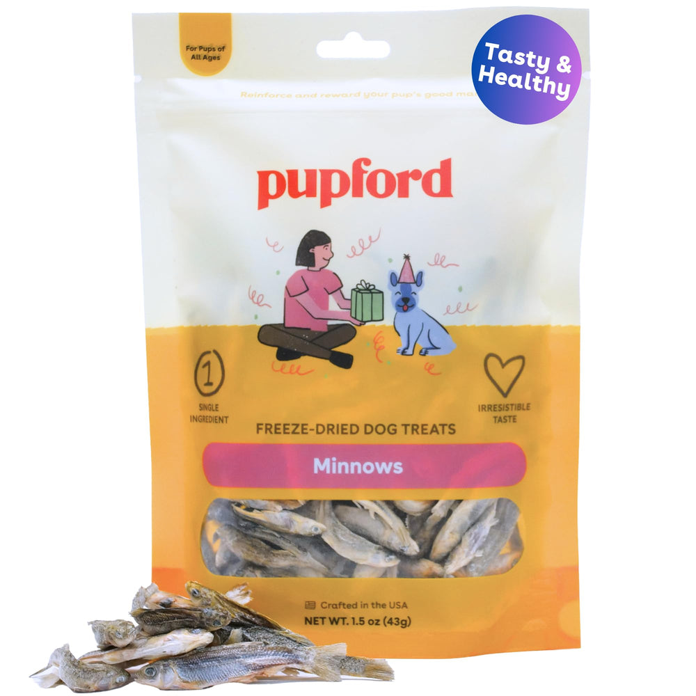 Pupford freeze-dried minnows bag, high-protein dog treat for training rewards.