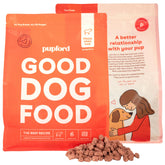 Pupford Good Dog Food freeze-dried beef crisps highlight convenient, high-protein nutrition for active dogs.