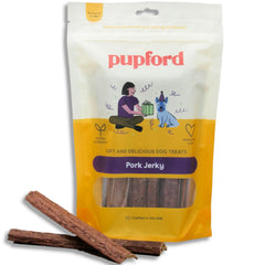 Pupford Pork Jerky packaging highlights simple, natural ingredients for dogs.