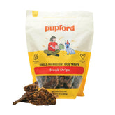 Pupford Steak Strips packaging shows USA-made, high-protein treats for rewarding training.