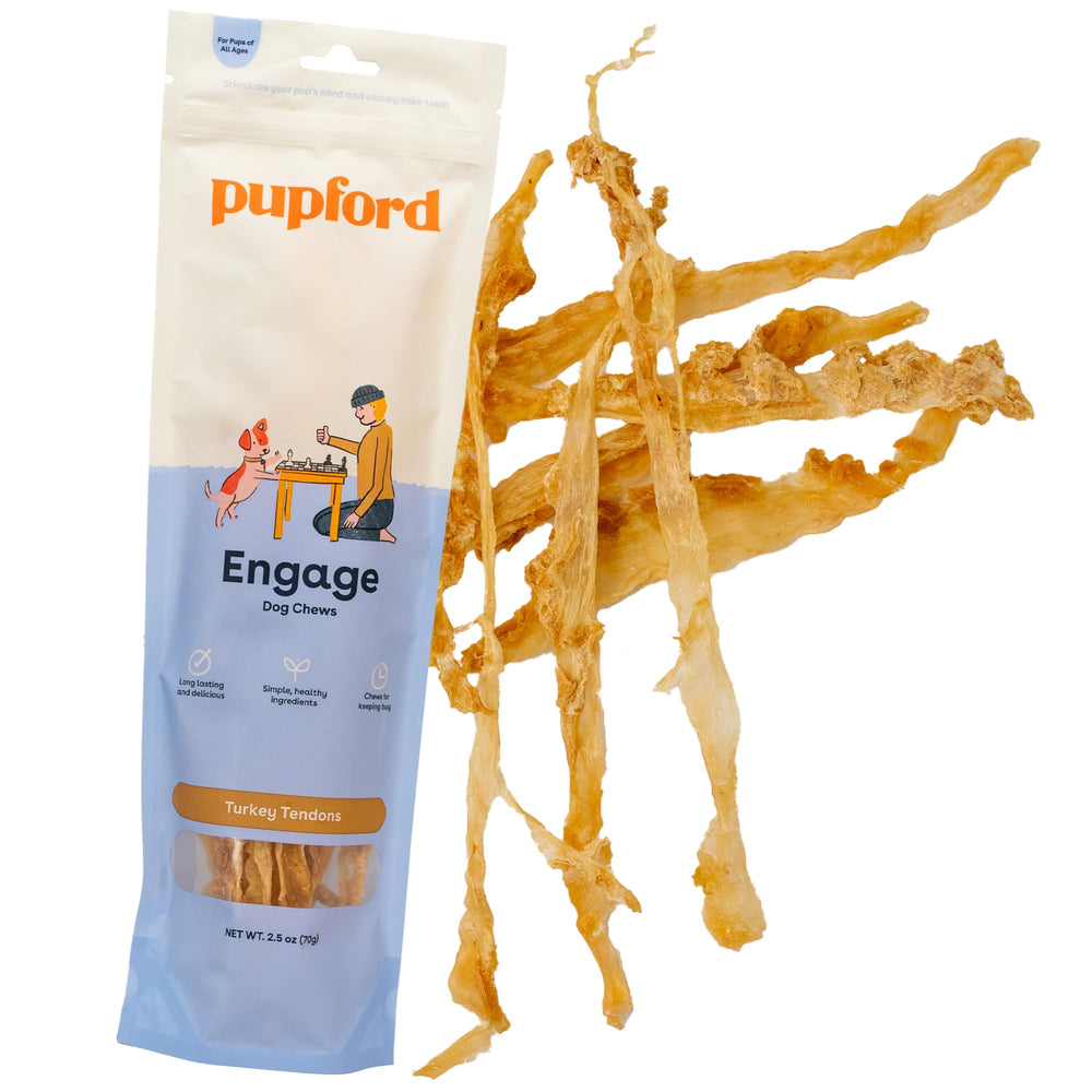 Pupford Turkey Tendon Dog Treats packaging shows single-ingredient protein for lean muscle support.