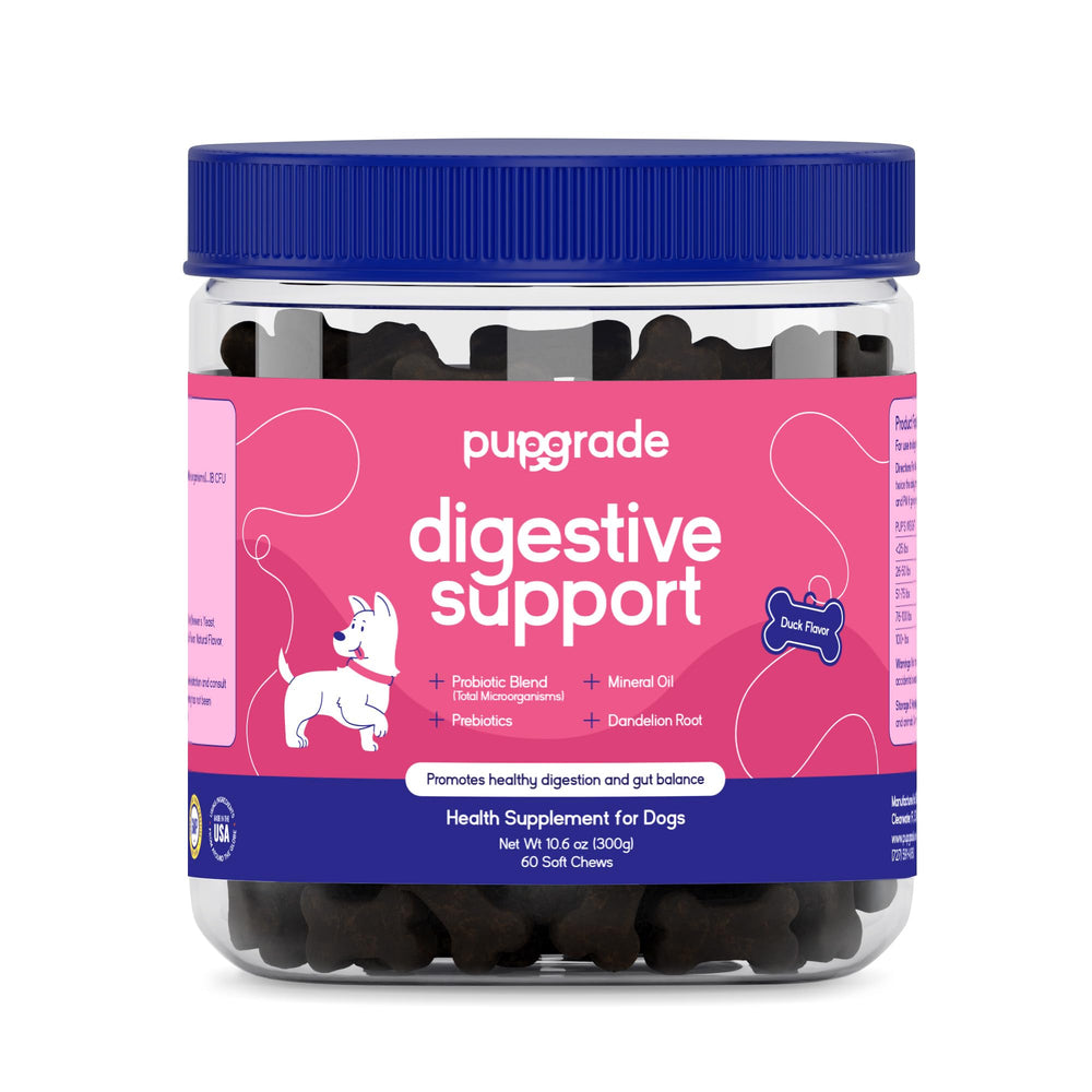 PupGrade Digestive Support bottle showing the product label for gut wellness.