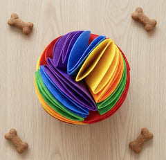 PUPIO Premium Felt Forager Ball showing treats hidden for scent-based discovery and engagement.