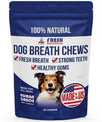Pup Labs Fresh Breathies packaging showcases brand and product name for chews that fight bad breath