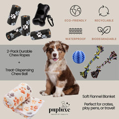 PupLuxe Hygiene and cleaning set with towel and brush for grooming.