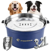 Puppalace no-spill stainless steel water bowl with blue finish prevents indoor spills.