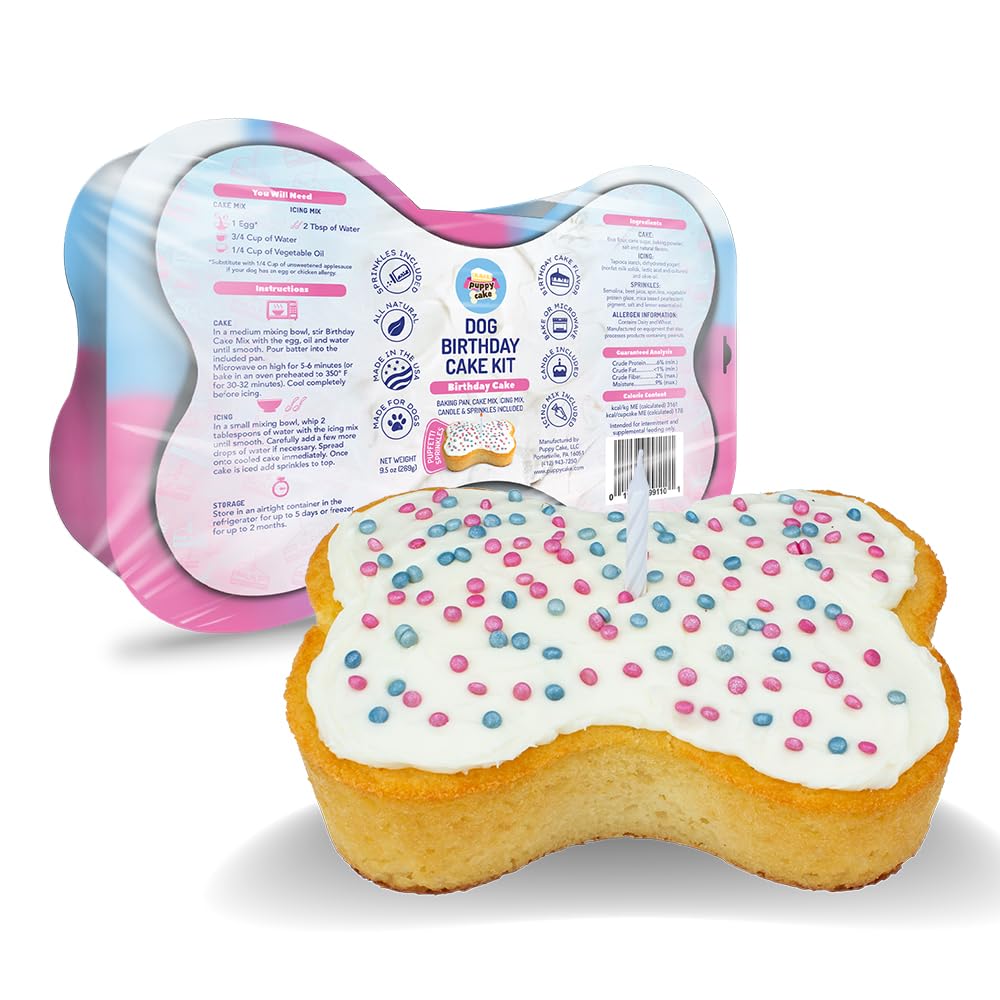 Puppy Cake dog birthday cake kit package for at-home celebrations with mix, icing, and candle.