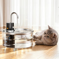 PuppySpout glass cat water fountain shows clear reservoir visibility for easy refills