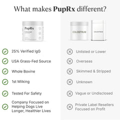 PupRx Colostrum powder with scoop demonstrates easy daily dosing.