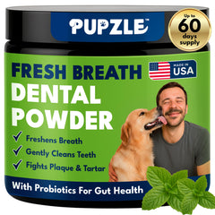 Pupzle bottle pour showing dog teeth cleaning powder for fresh breath support