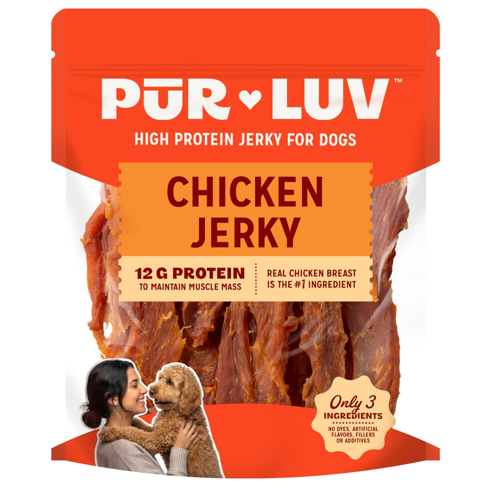 Pur Luv Chicken Jerky bag shows real chicken flavor for dogs.