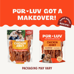 Pur Luv chicken jerky texture close-up reveals chewy premium strips for dogs.