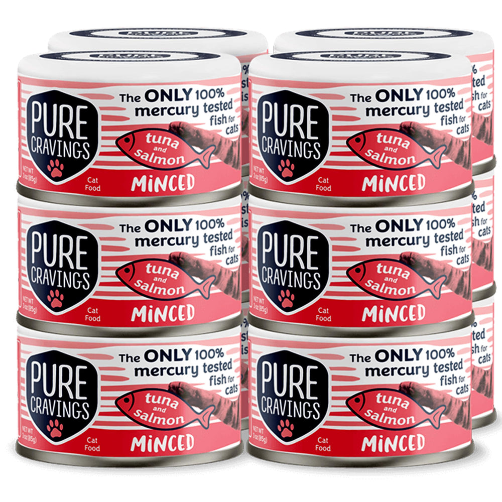 Pure Cravings minced tuna and salmon wet cat foodâtender texture for picky cats.