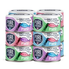 Pure Cravings Pate variety pack box shows four premium fish flavors for cats