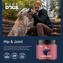 Pure Dogs Hip & Joint chews pack close-up shows grain-free formula.