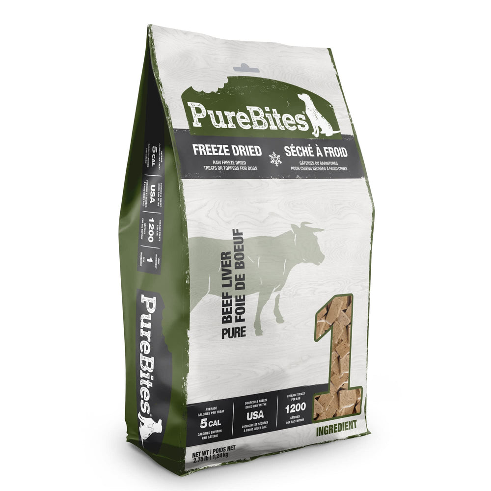 PureBites beef freeze-dried treats bag closeup, protein-rich USA-made reward for training