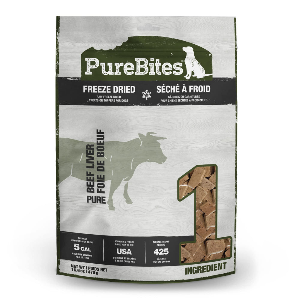 PureBites Beef Liver Freeze-Dried Treats bag front, high-protein snack